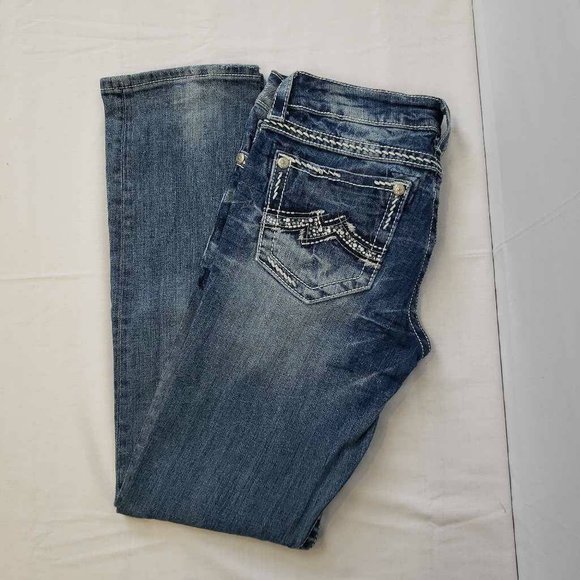 Miss Me Womens Easy Cropped Straight Leg Jeans Blue Thick Stitch Embellished 27 - Picture 4 of 13